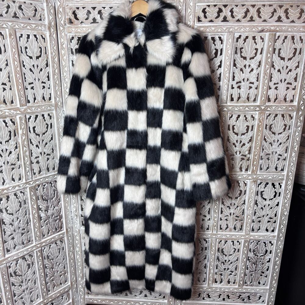 Stand Studio Nina Nino Womens Faux Fur Check Overcoat Cream Black Button 34